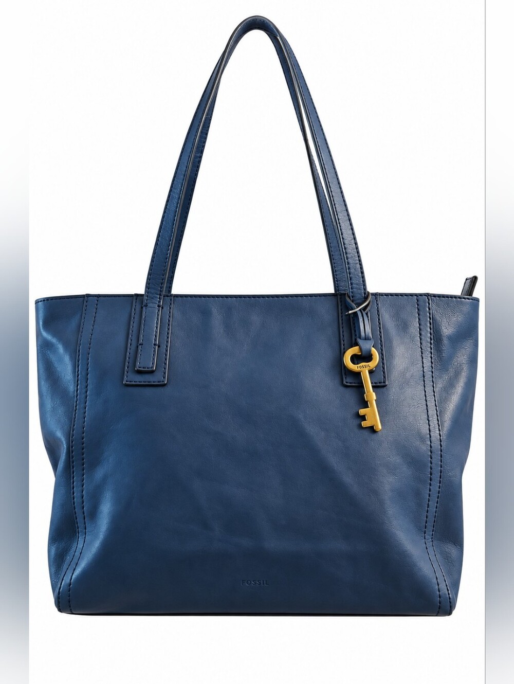 Fossil Emma Blue Leather Tote Bag Brass Key Charm Rare Color